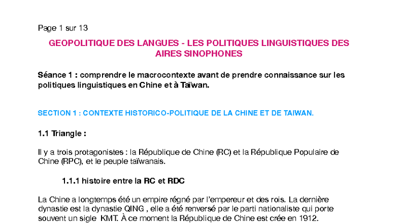 GEOPOLITIQUE DES LANGUES : POLITIQUES LINGUISTIQUES EN CHINE ET TAIWAN - Document Preview