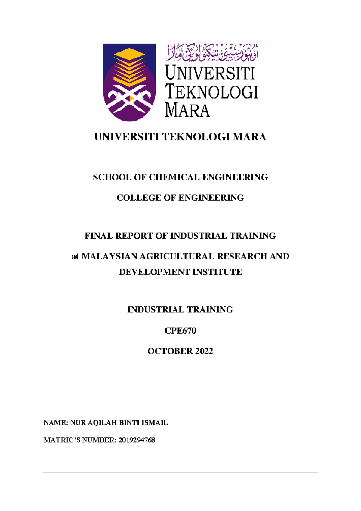 Final li report - UNIVERSITI TEKNOLOGI MARA SCHOOL OF CHEMICAL ...