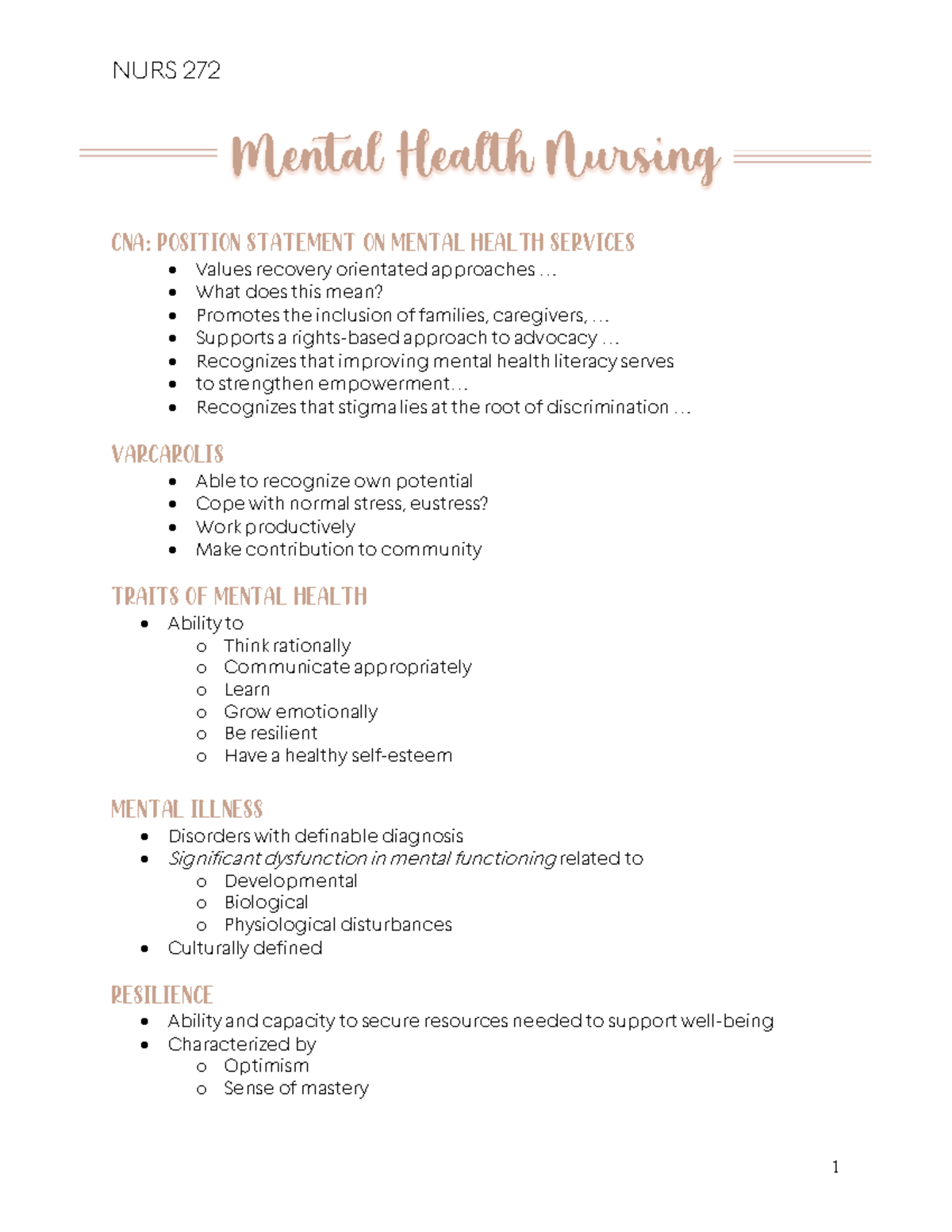 NURS 272 Mental Health Nursing Notes - Comprehensive Overview - Studocu