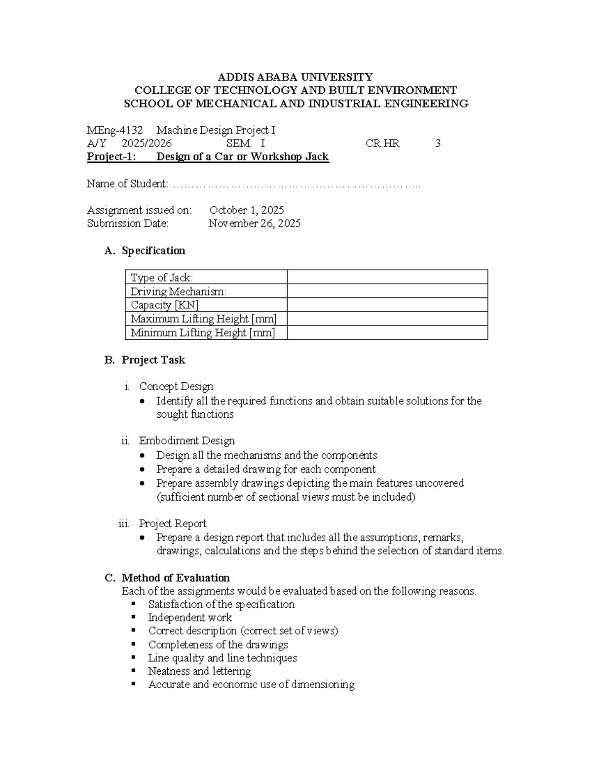 Machine Design Project I: Jack Task Sheet for SEM I - Studocu