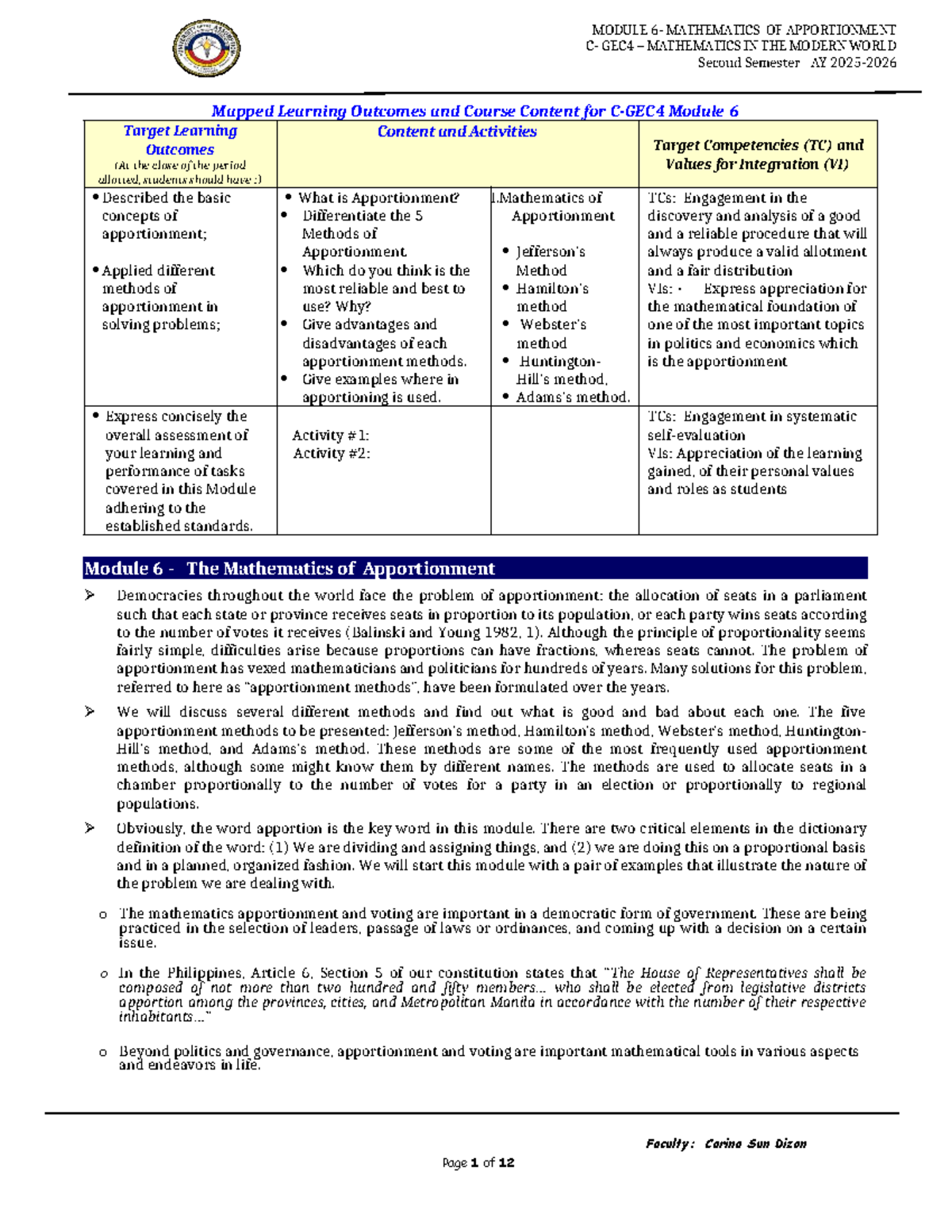 C-GEC4 Module 6: Mathematics of Apportionment Overview and Methods ...