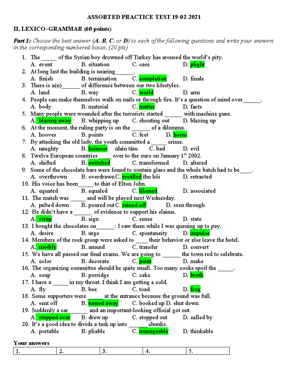 ASSORTED PRACTICE TEST II (19-02-2021) with Answer Key - Studocu
