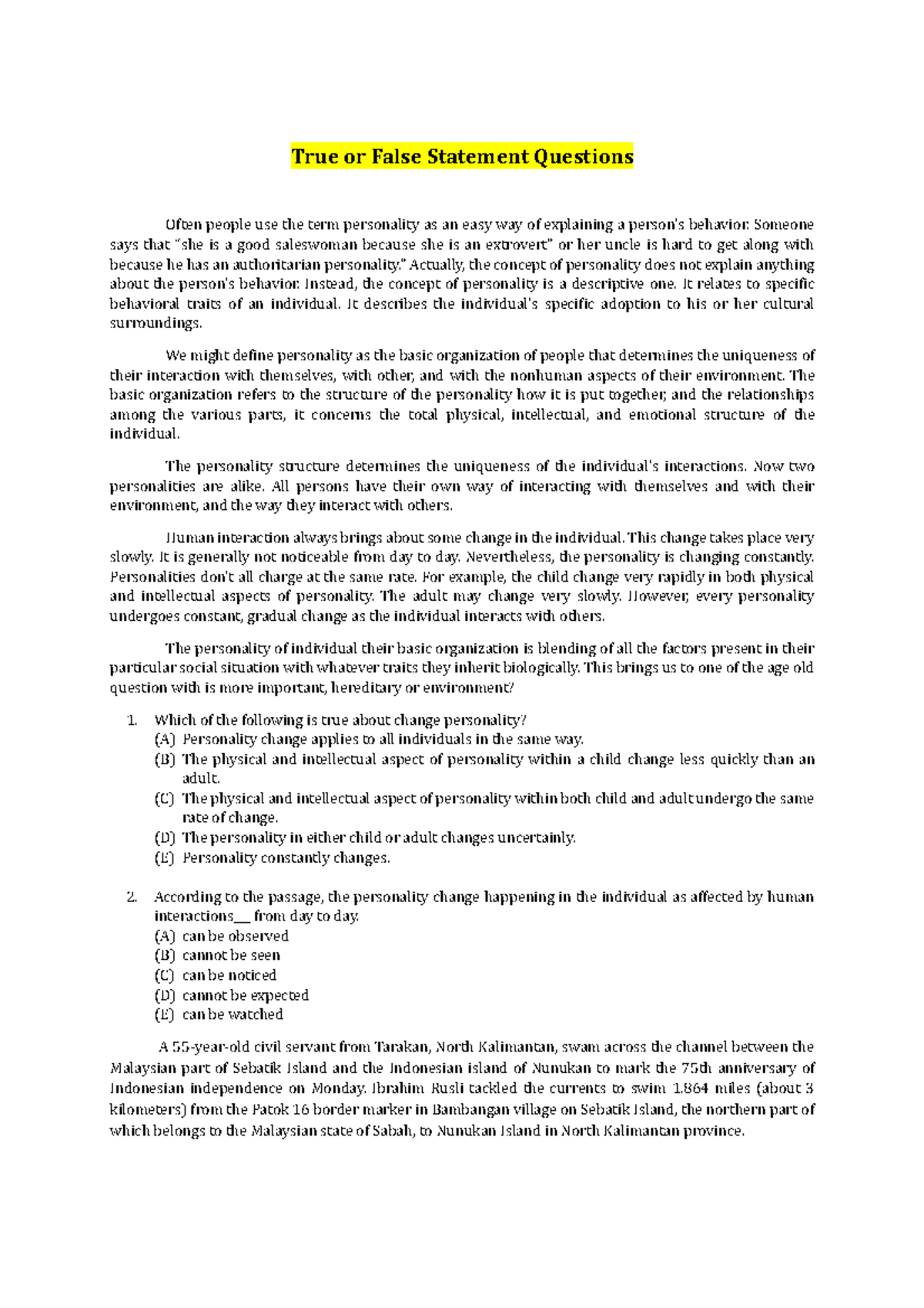 English 006 - True or False Statement Questions on Personality and ...