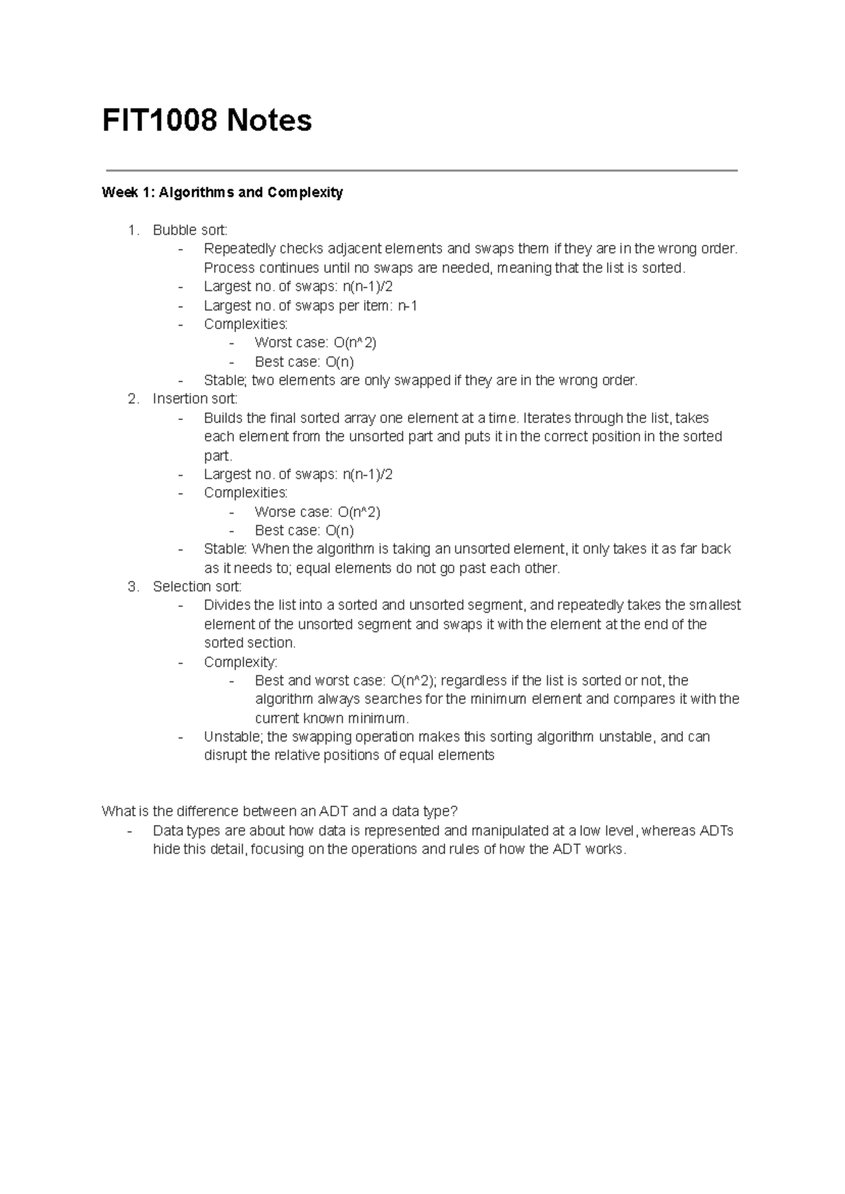 FIT1008 Notes: Weeks 1-3 on Algorithms, ADTs, and Complexities - Studocu