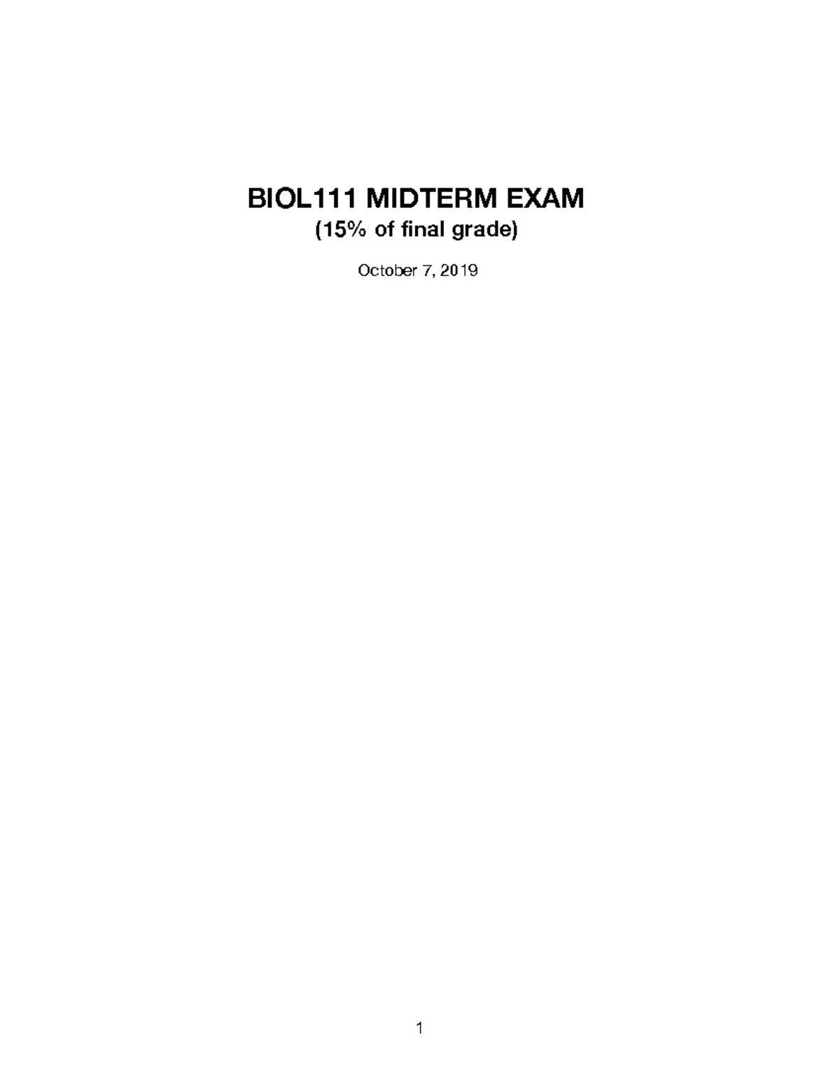 BIO111 Midterm Exam Instructions and Questions - October 2019 - Studocu