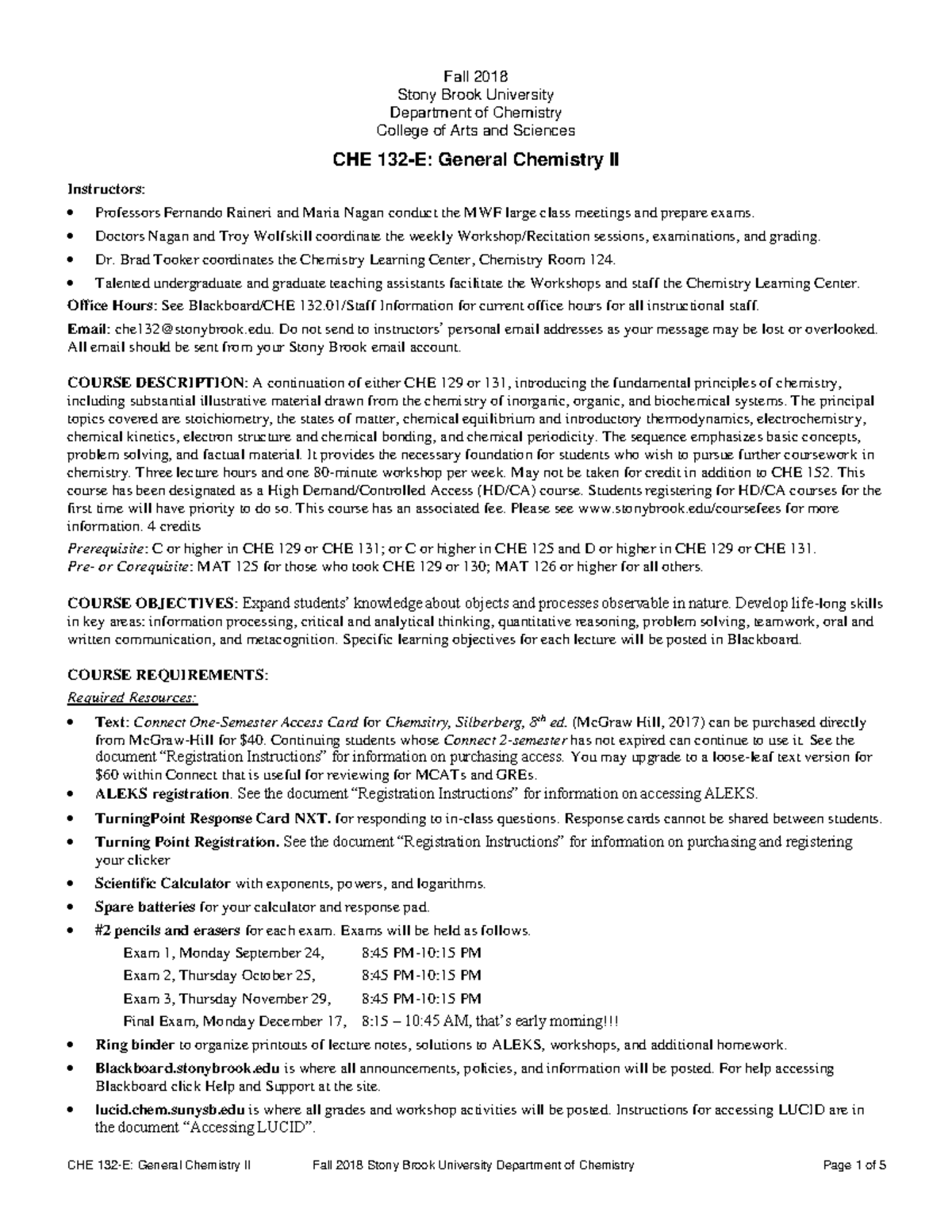 CHE132.01 Fall 2018 General Chemistry II Syllabus and Course Info - Studocu