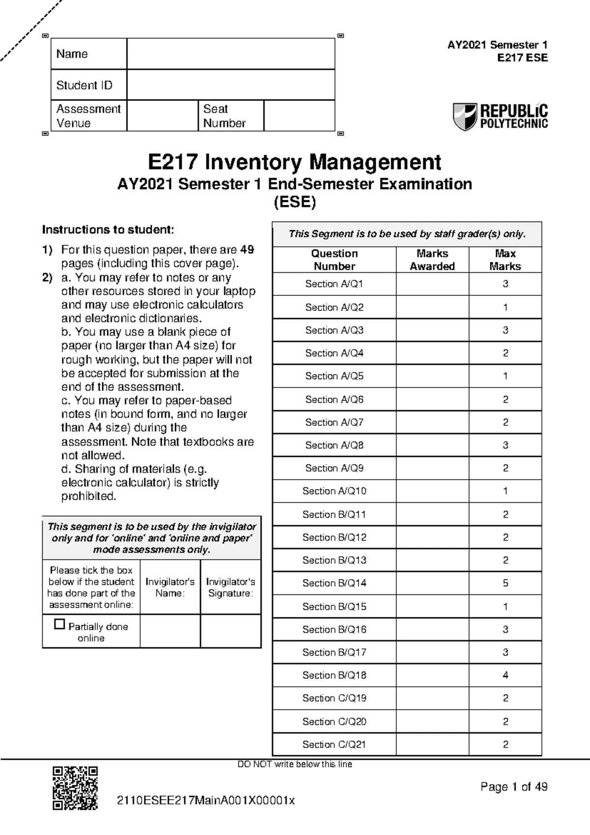AY 2022 Semester 1 E217 Inventory Management End-Semester Exam (ESE ...