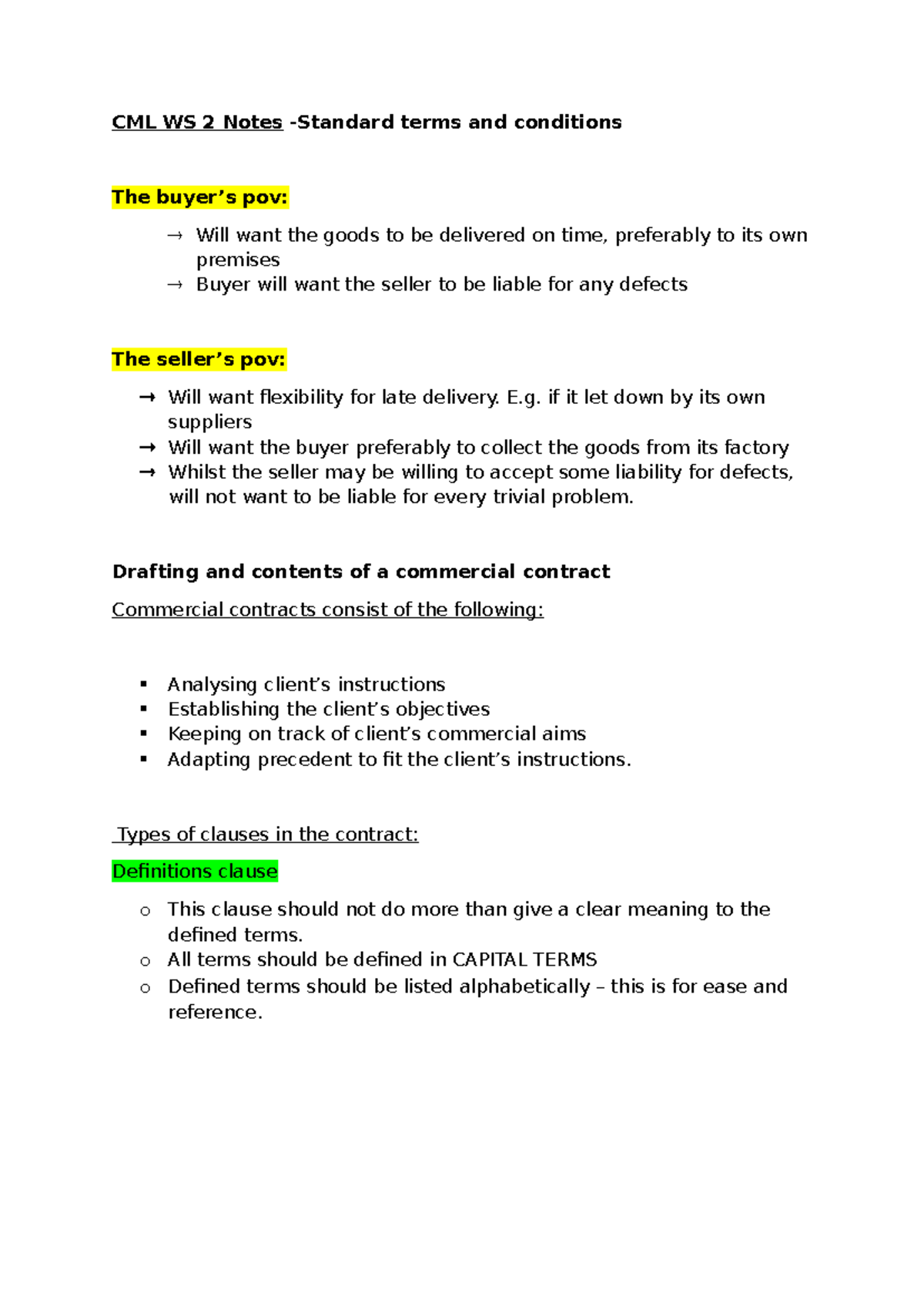 CML WS 2 Lecture Notes on Commercial Contract Terms & Conditions - Studocu
