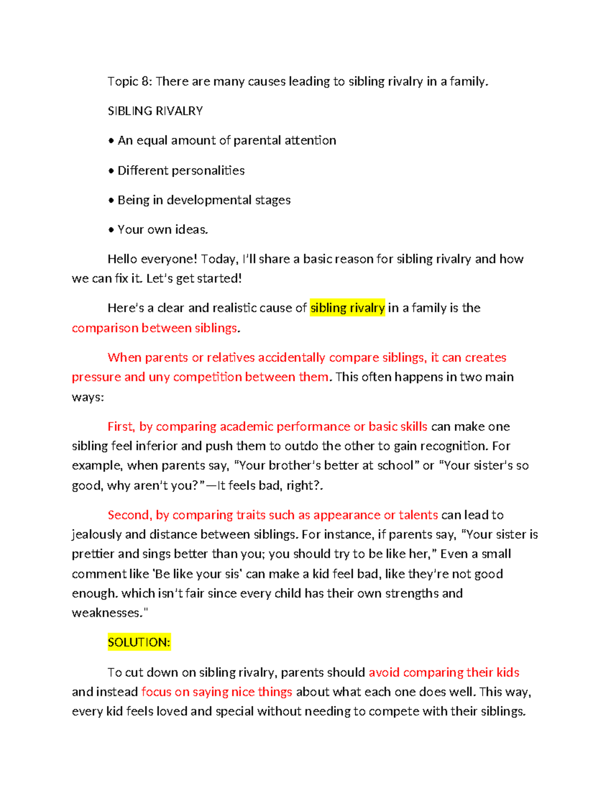 Topic 8: Causes and Solutions for Sibling Rivalry in Families - Studocu