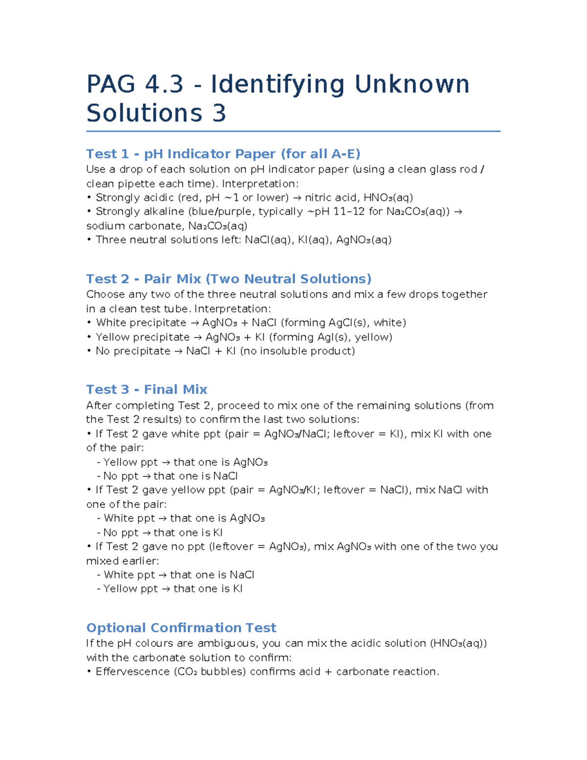 PAG 4.3 Identifying Unknown Solutions: Test Procedures and ...