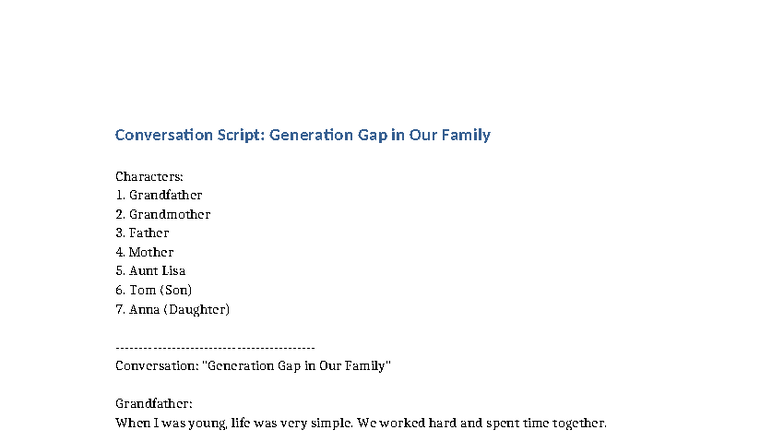 ENG 101: Conversation Script on Generation Gap in Our Family - Studocu