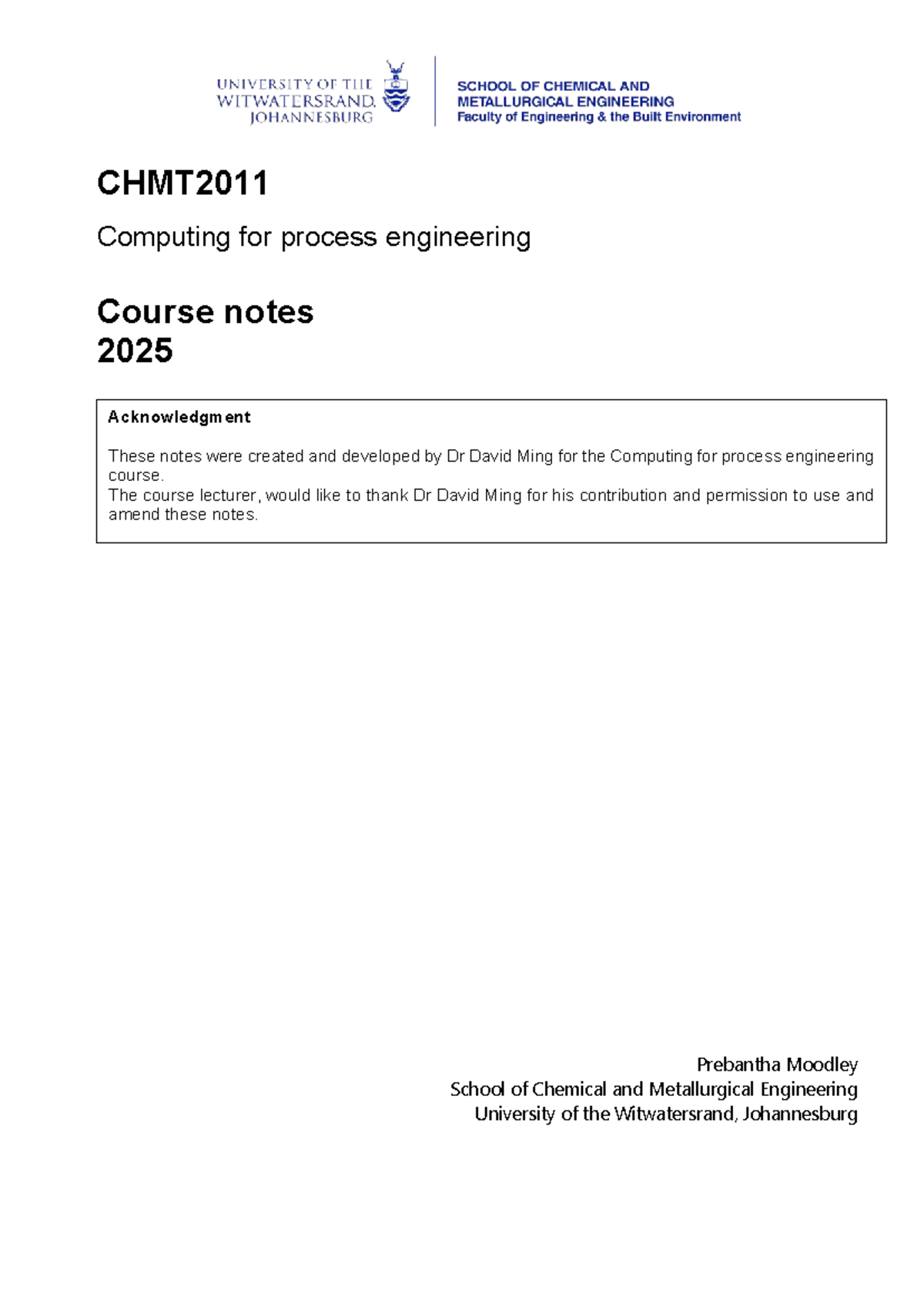 CHMT2011 Computing for Process Engineering Course Notes 2025 - Studocu