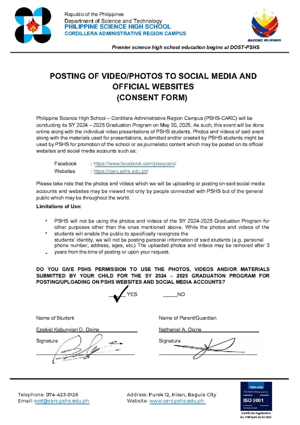 PHILIPPINE SCIENCE HIGH SCHOOL SY 2024-2025 Graduation Media Consent ...