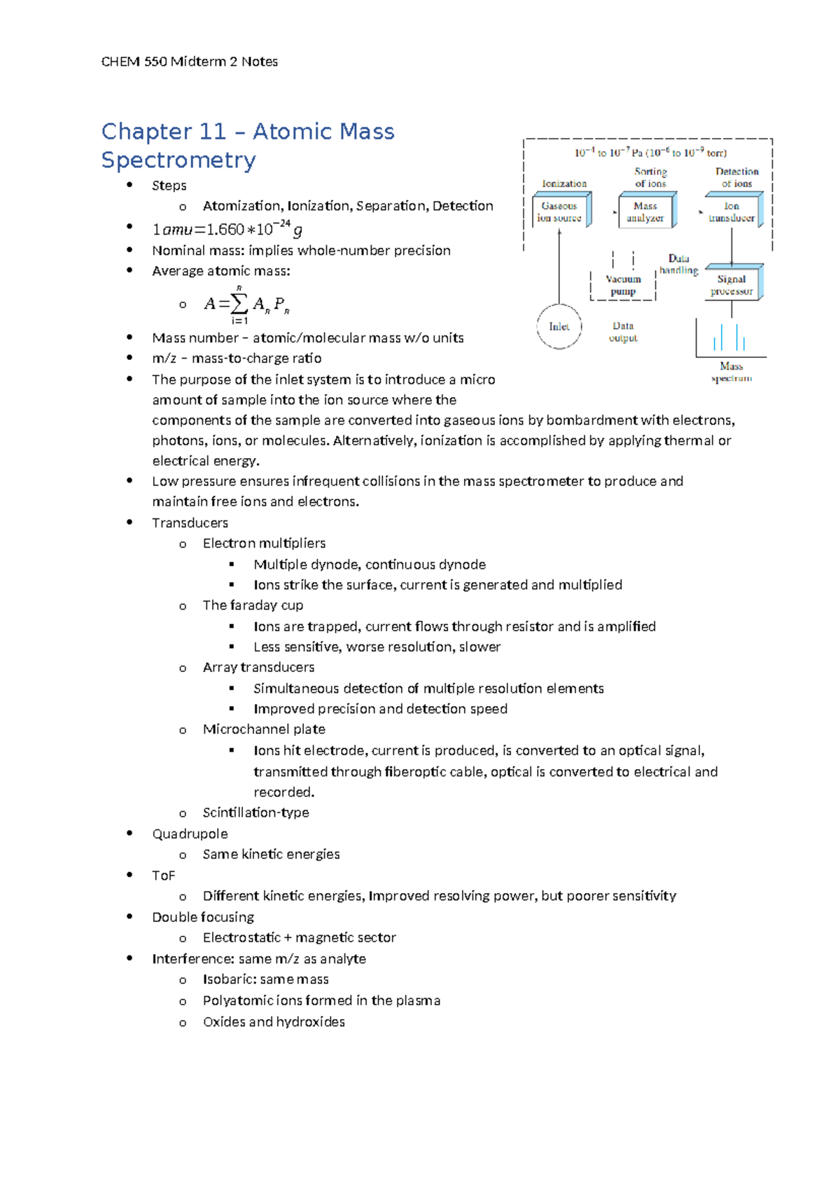 Chem 550 Midterm 2 Study Notes on Atomic & Molecular Mass Spectrometry ...
