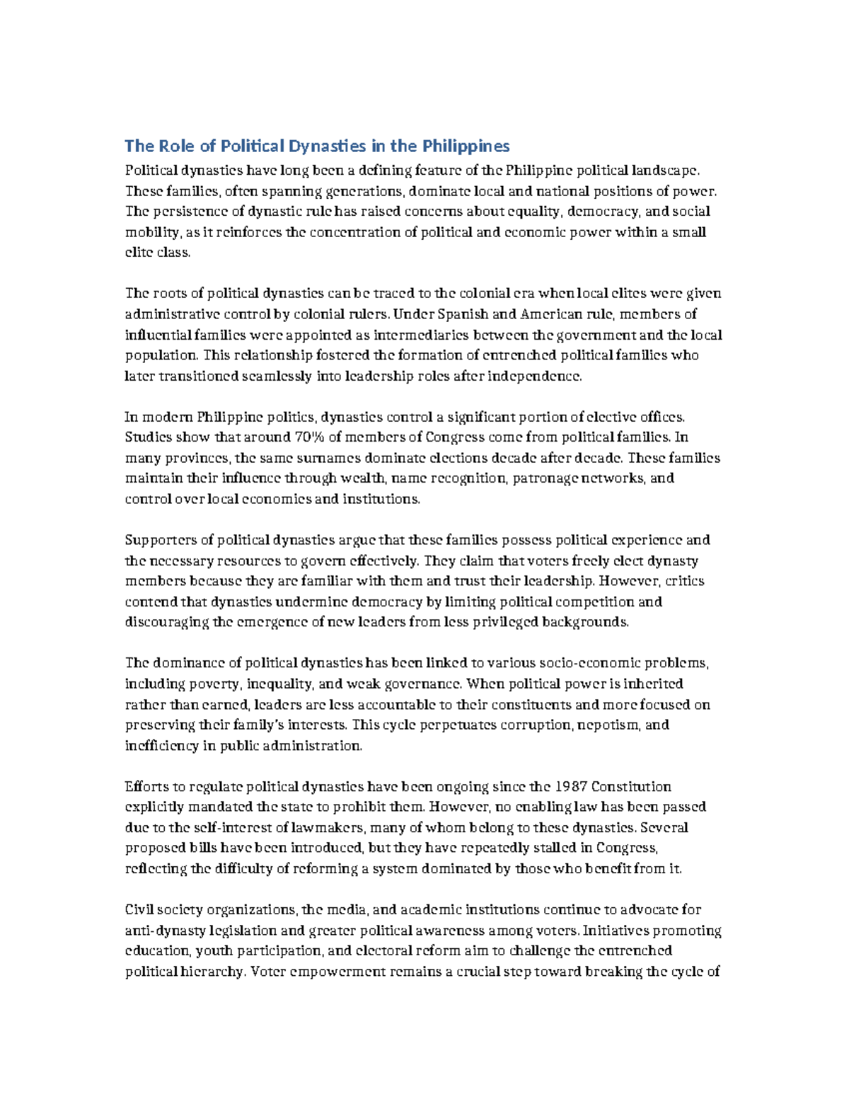 The Impact of Political Dynasties on Philippine Democracy - Studocu