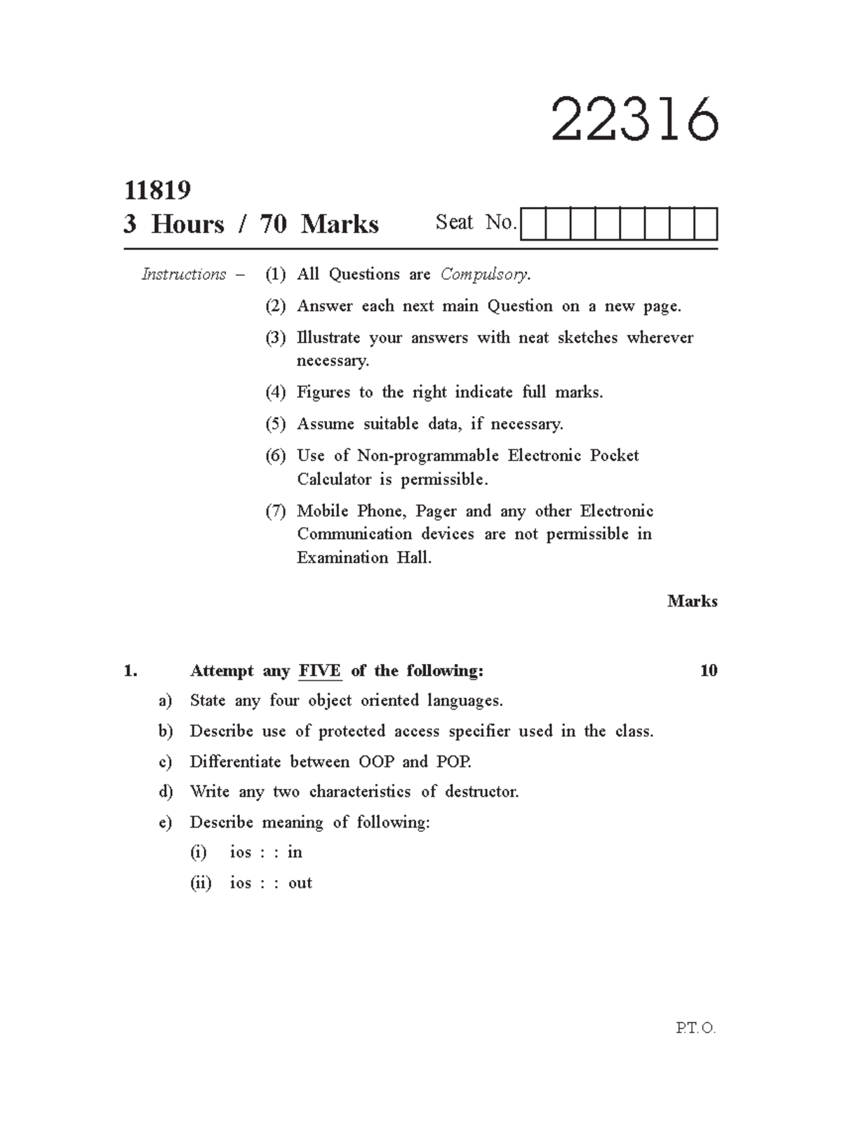 Oop question Paper - Good notes - 22316 11819 3 Hours / 70 Marks Seat ...
