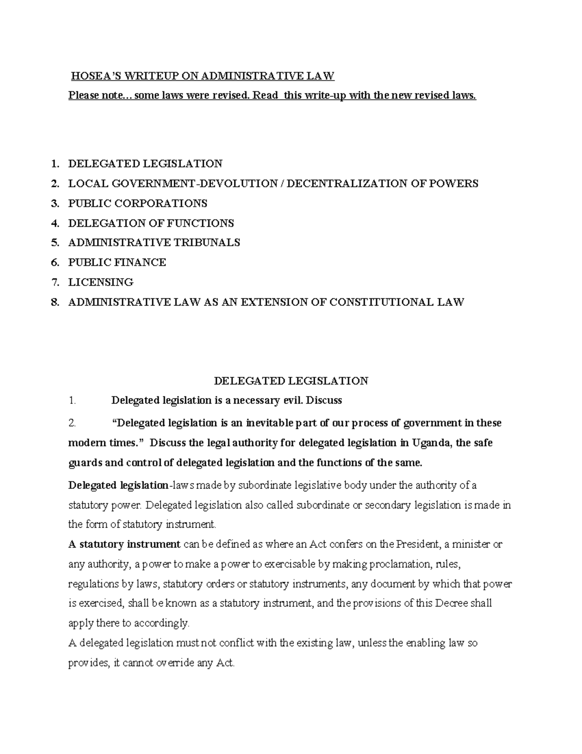 Administrative Law Notes (LAW 101) - Key Concepts and Principles - Studocu