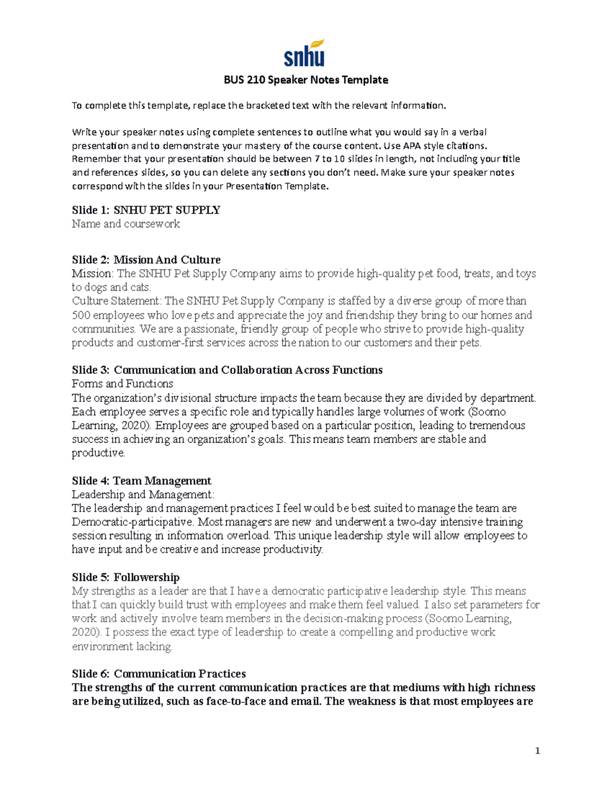 BUS 210 Complete Speaker Notes Template for Presentation - Studocu