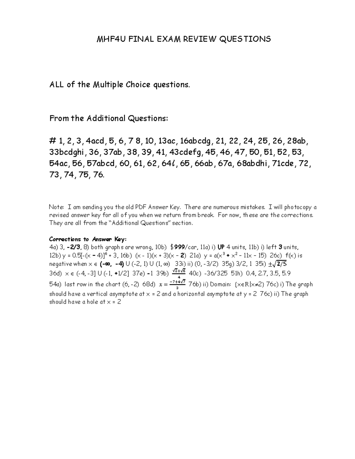 MHF4U Final Exam Review: Multiple Choice Questions & Corrections - Studocu
