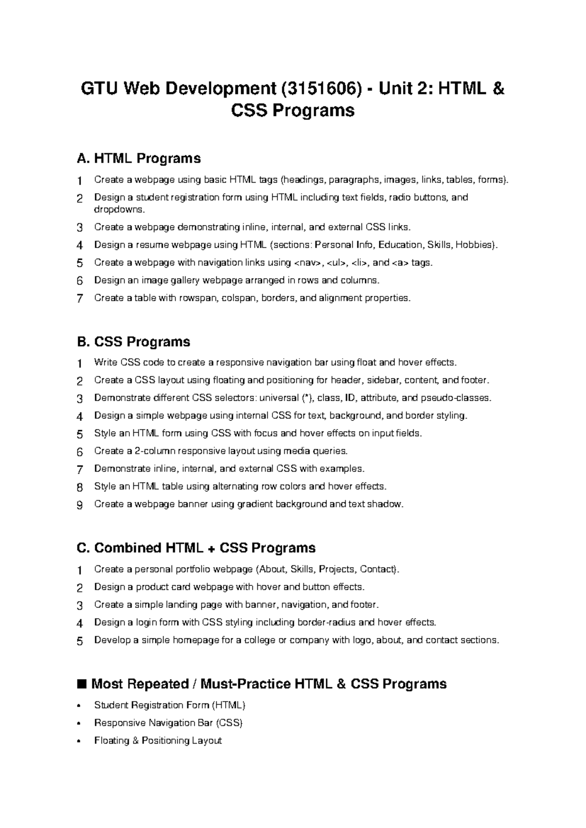 GTU Web Dev (3151606) Unit 2: HTML & CSS Program Exercises - Studocu