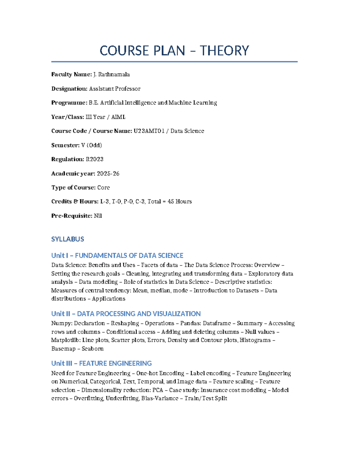 U23AMT01 Data Science Course Plan - Semester V (Odd) - Studocu