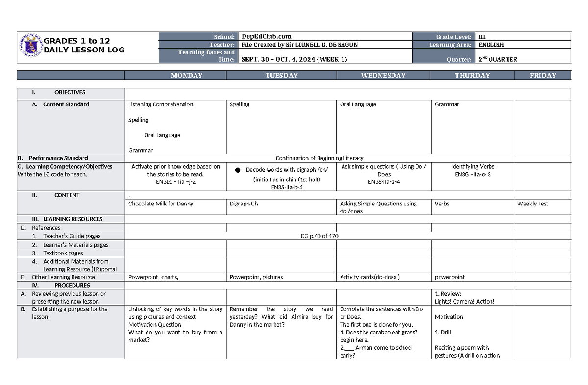 DLL English 3 Q2 W1 - dfasdf - GRADES 1 to 12 DAILY LESSON LOG School ...
