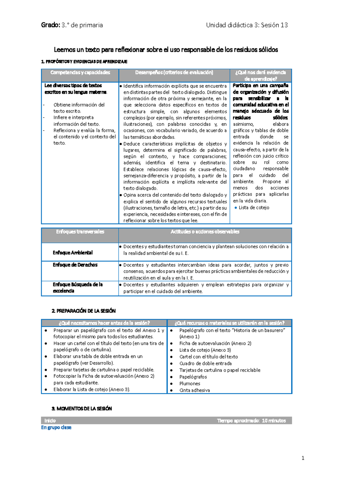 Tercer Grado: Unidad Didáctica 3 - Sesión 13 sobre Residuos Sólidos ...