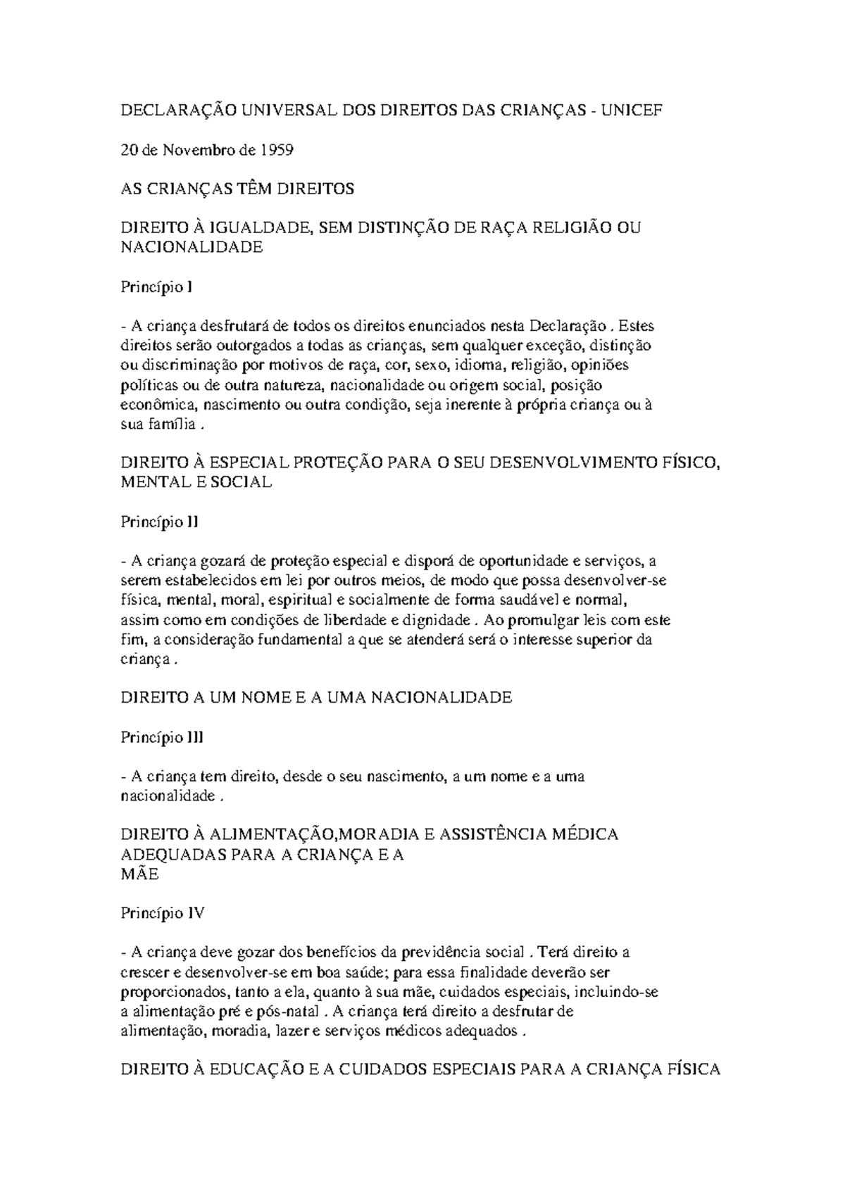 Declaração Universal dos Direitos da Criança - UNICEF 1959 - Studocu