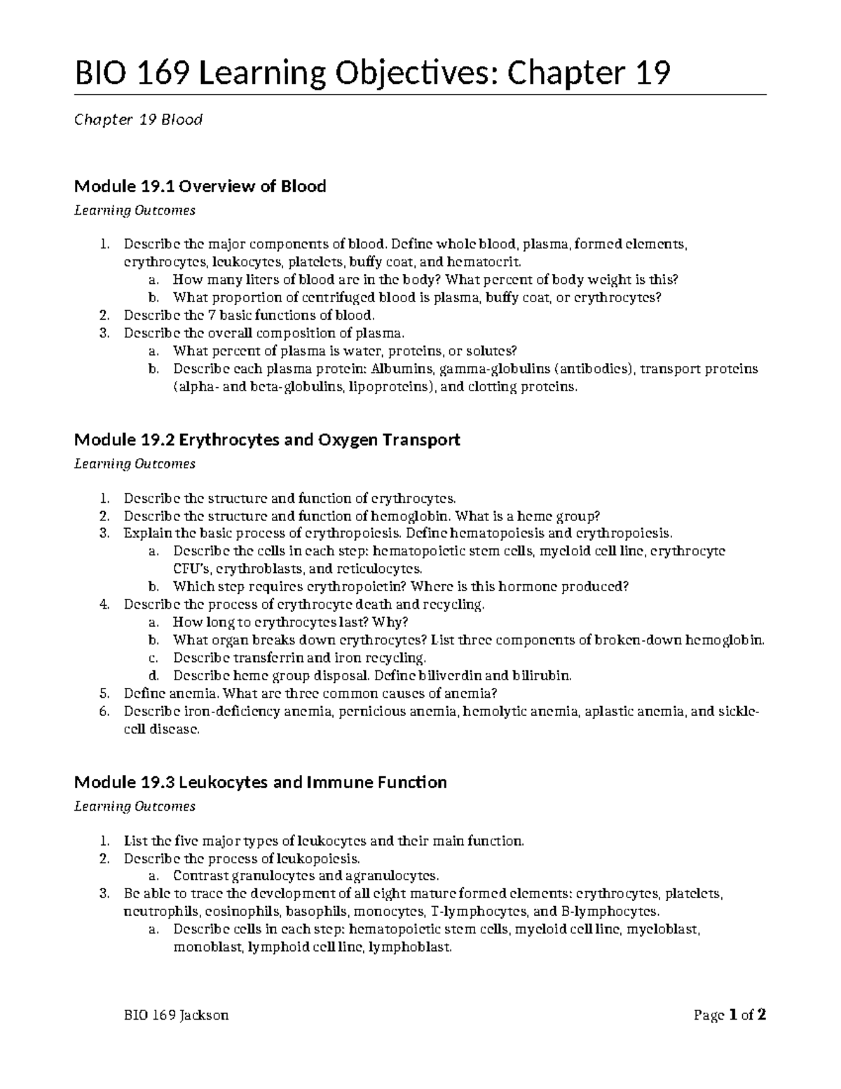 BIO 169 Final Exam Notes: Chapter 19 - Blood Overview & Functions - Studocu