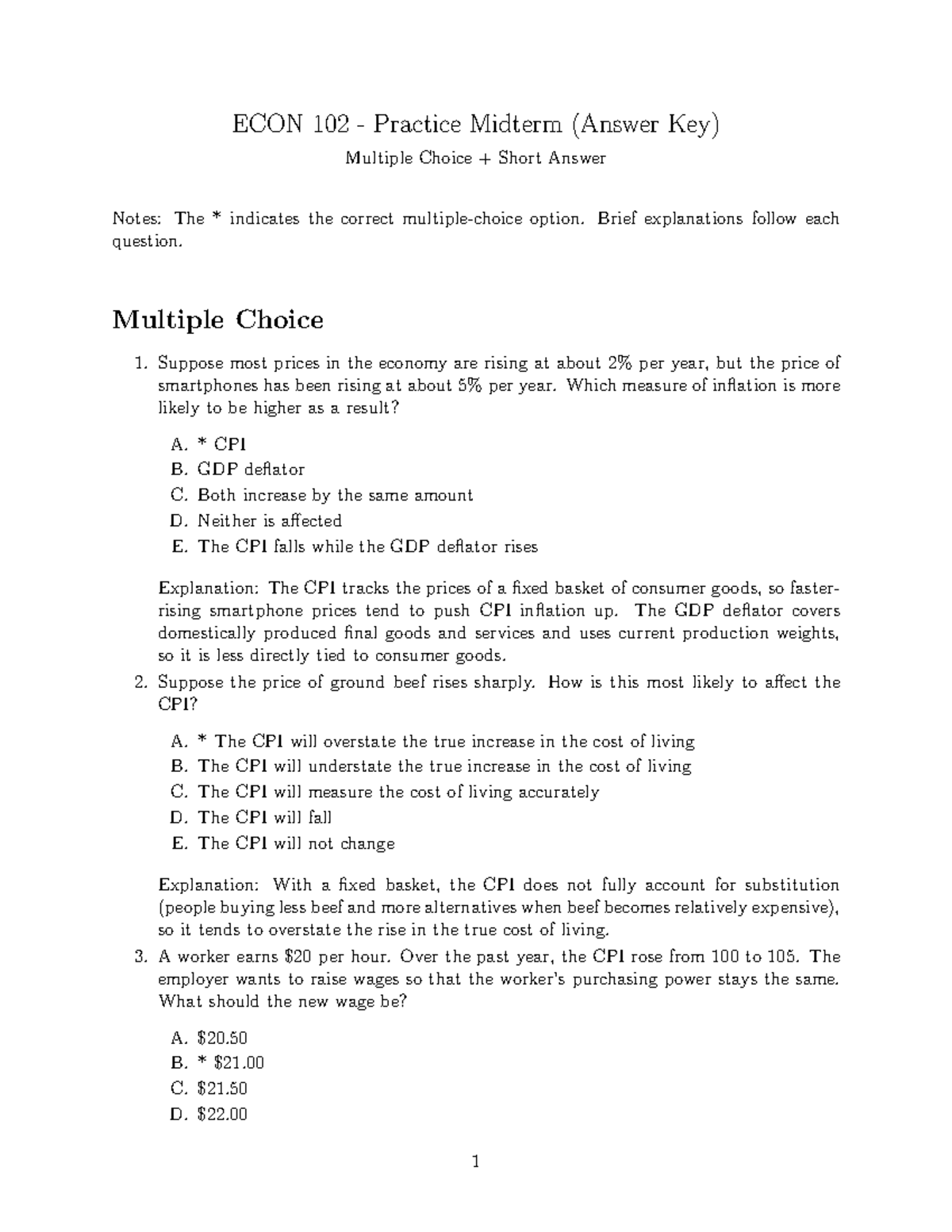 ECON 102 Practice Midterm Answer Key: MC & Short Answer Solutions - Studocu