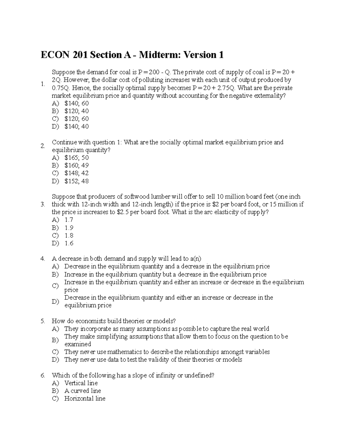 ECON 201 Midterm - Version 1 - Answer Key and Explanations - Studocu