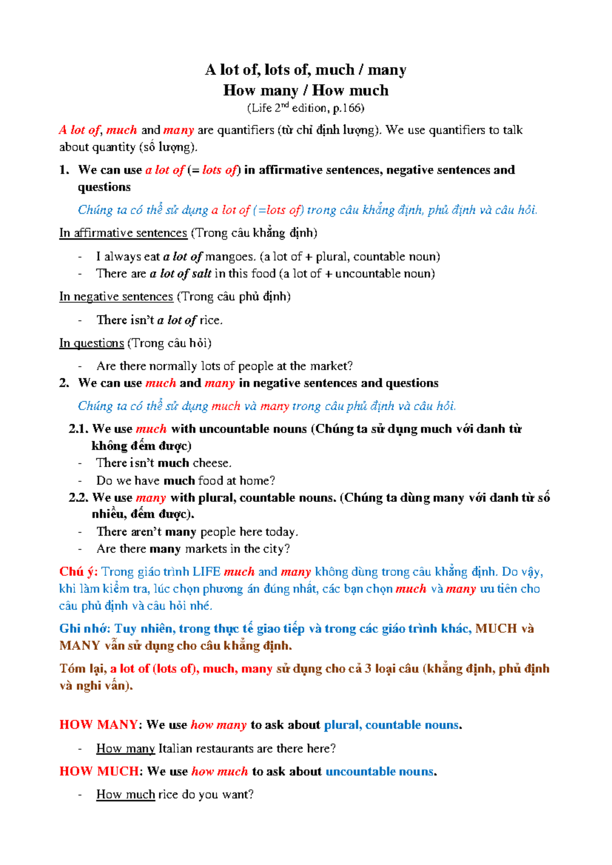 Session 17 Grammar Theory - A lot of, much, many - A lot of, lots of ...