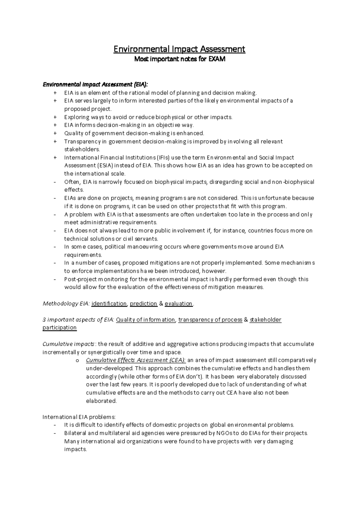 EIA and ESIA Overview for Environmental Studies (ENV-101) Exam Notes ...