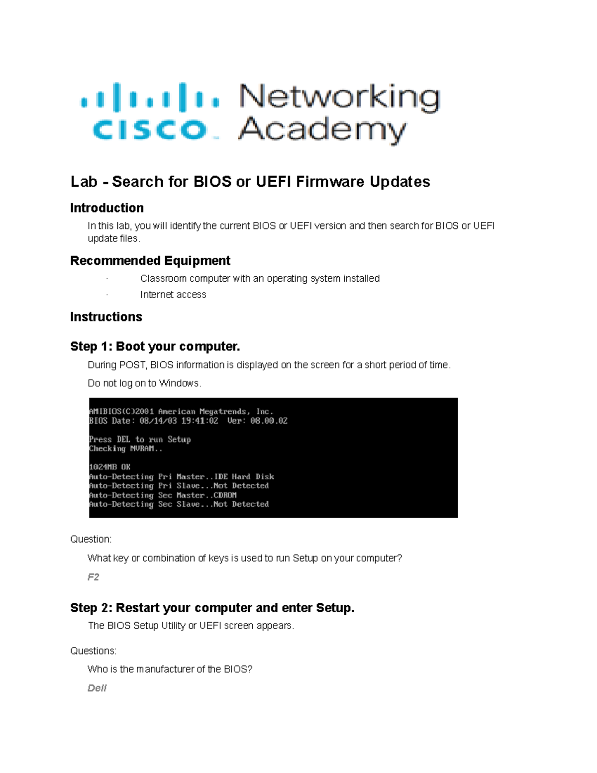 Lab: Finding BIOS/UEFI Firmware Updates and Versions - Studocu