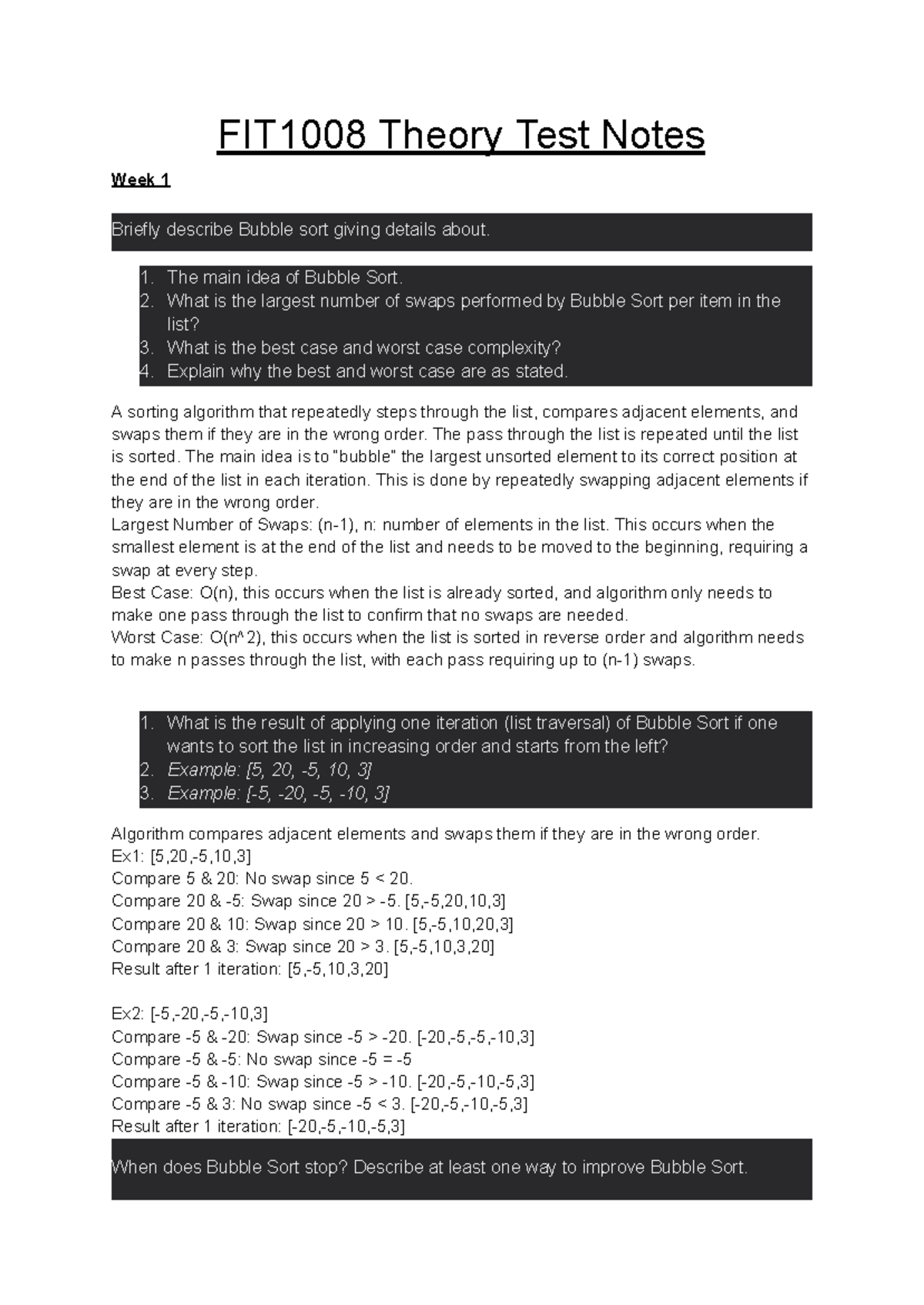 FIT1008 Theory Test Notes: Bubble, Selection, and Insertion Sort ...