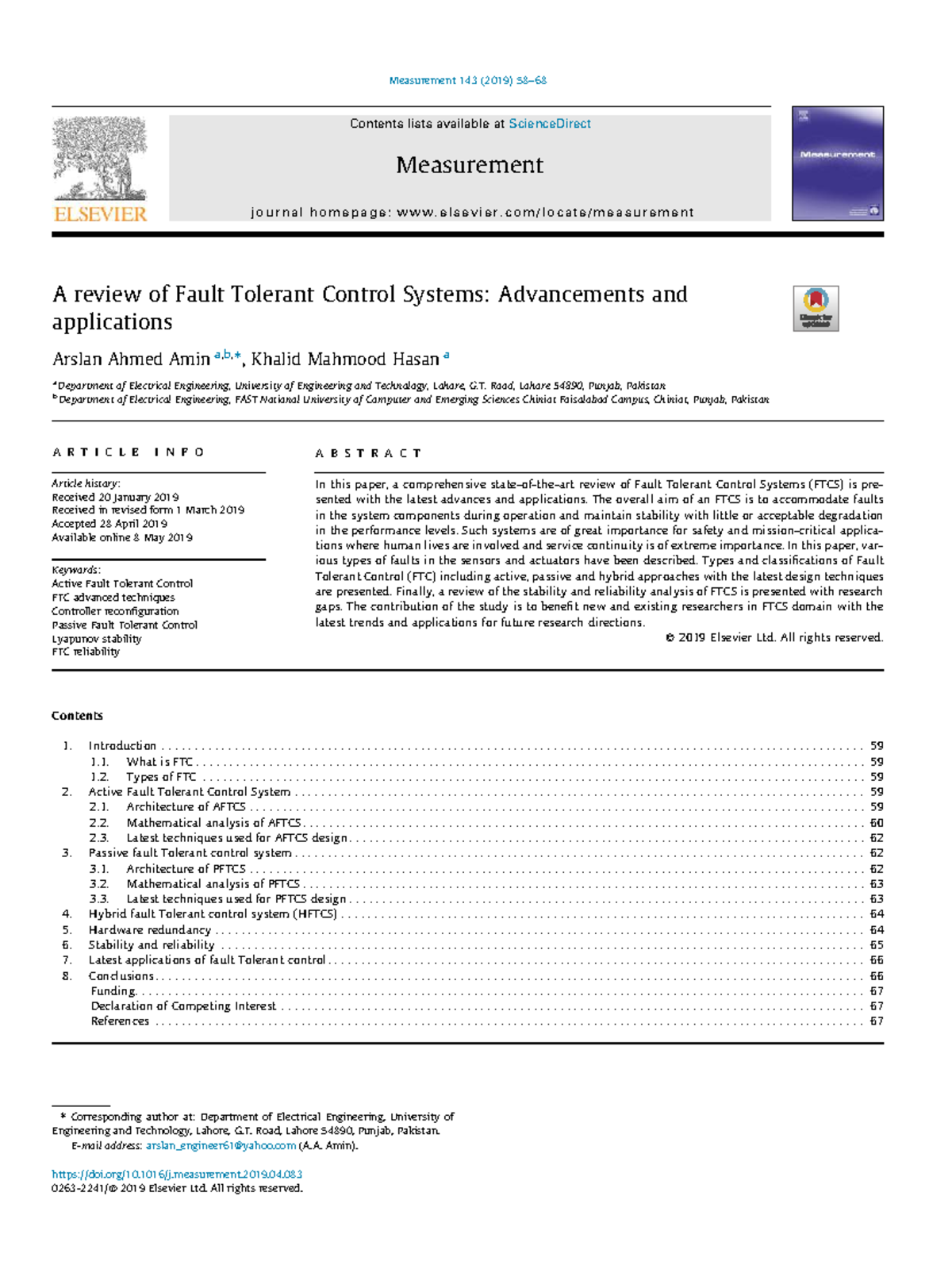 A review of fault tolerant control systems: advancements and ...