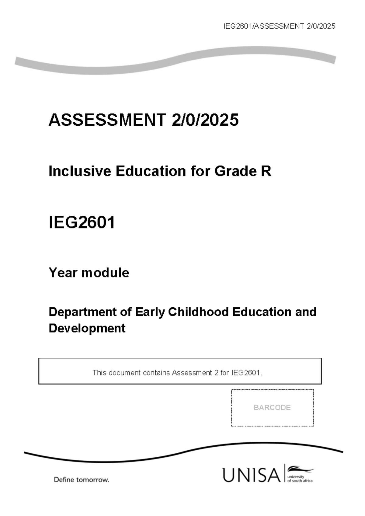 IEG2601 Assessment 2: Inclusive Education for Grade R - Studocu