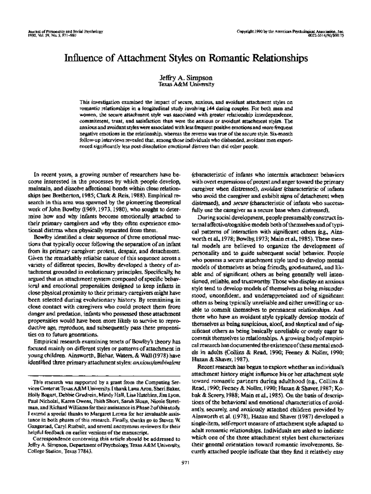 Influence of Attachment Styles on Romantic Relationships (PSYC 101 ...