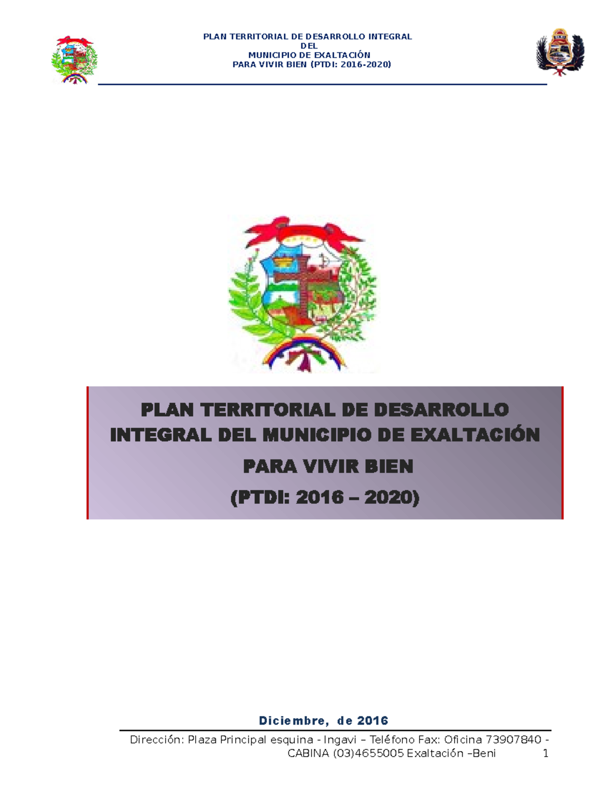PTDI Exaltación: Plan Territorial de Desarrollo 2016-2020 - Studocu