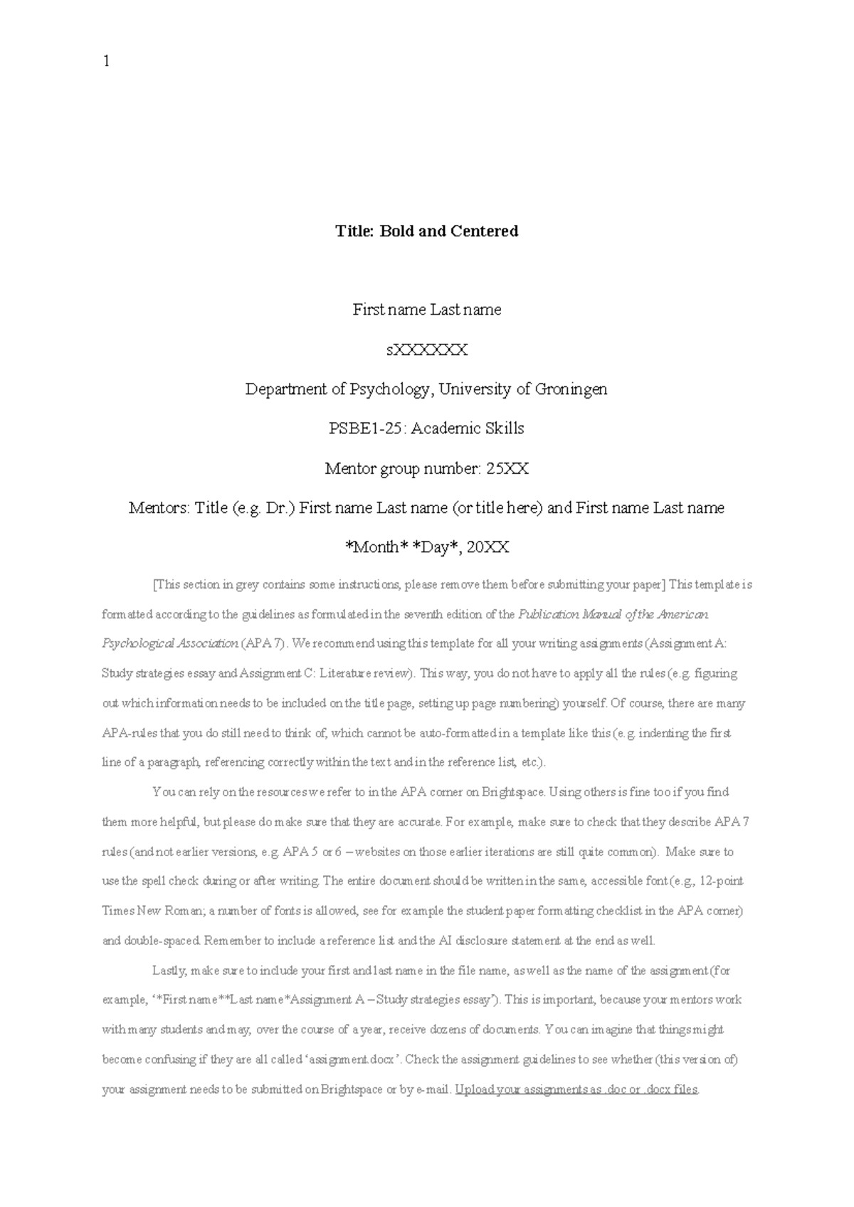 APA 7 Template for Writing Assignments in Psychology - Studeersnel