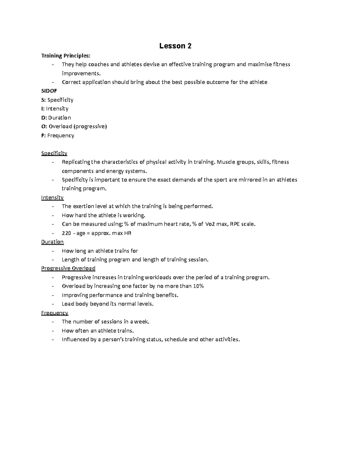 PE Study Notes (11): Lesson 2 - Training Principles for Athletes - Studocu