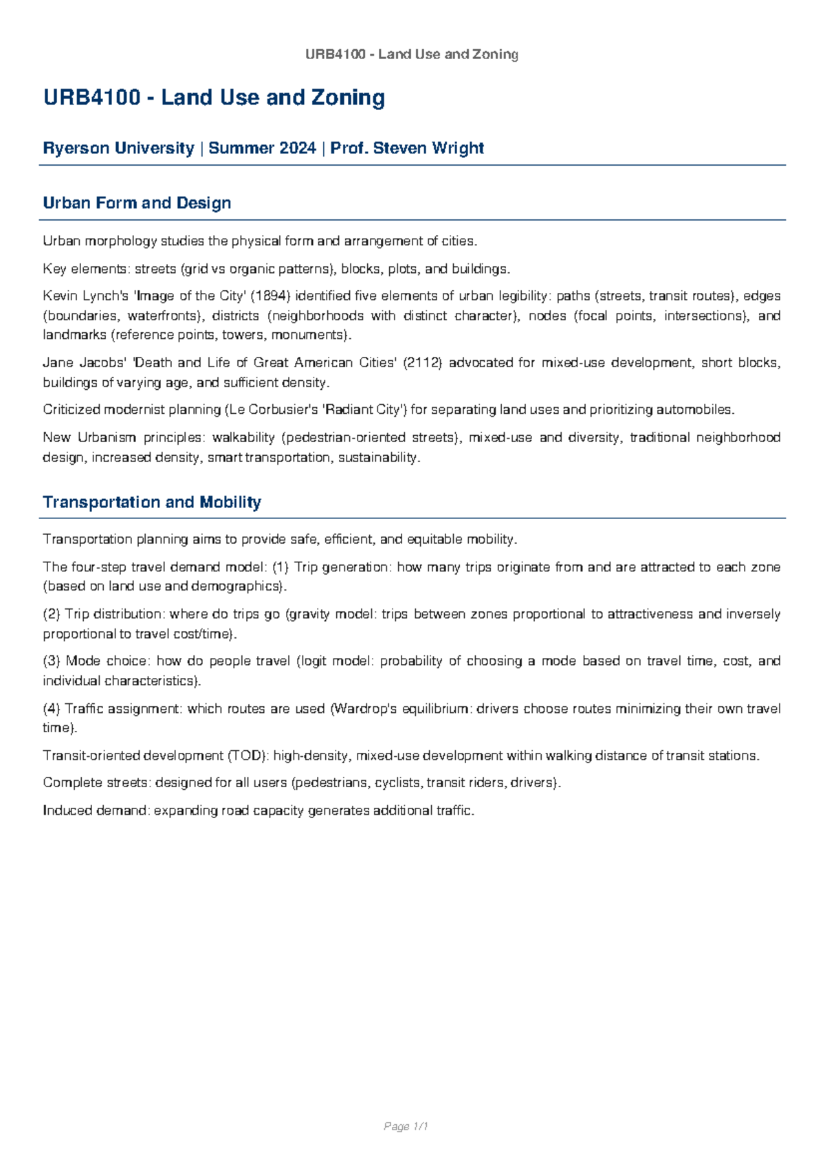URB4100 Study Notes: Urban Form, Design & Transportation Planning - Studocu