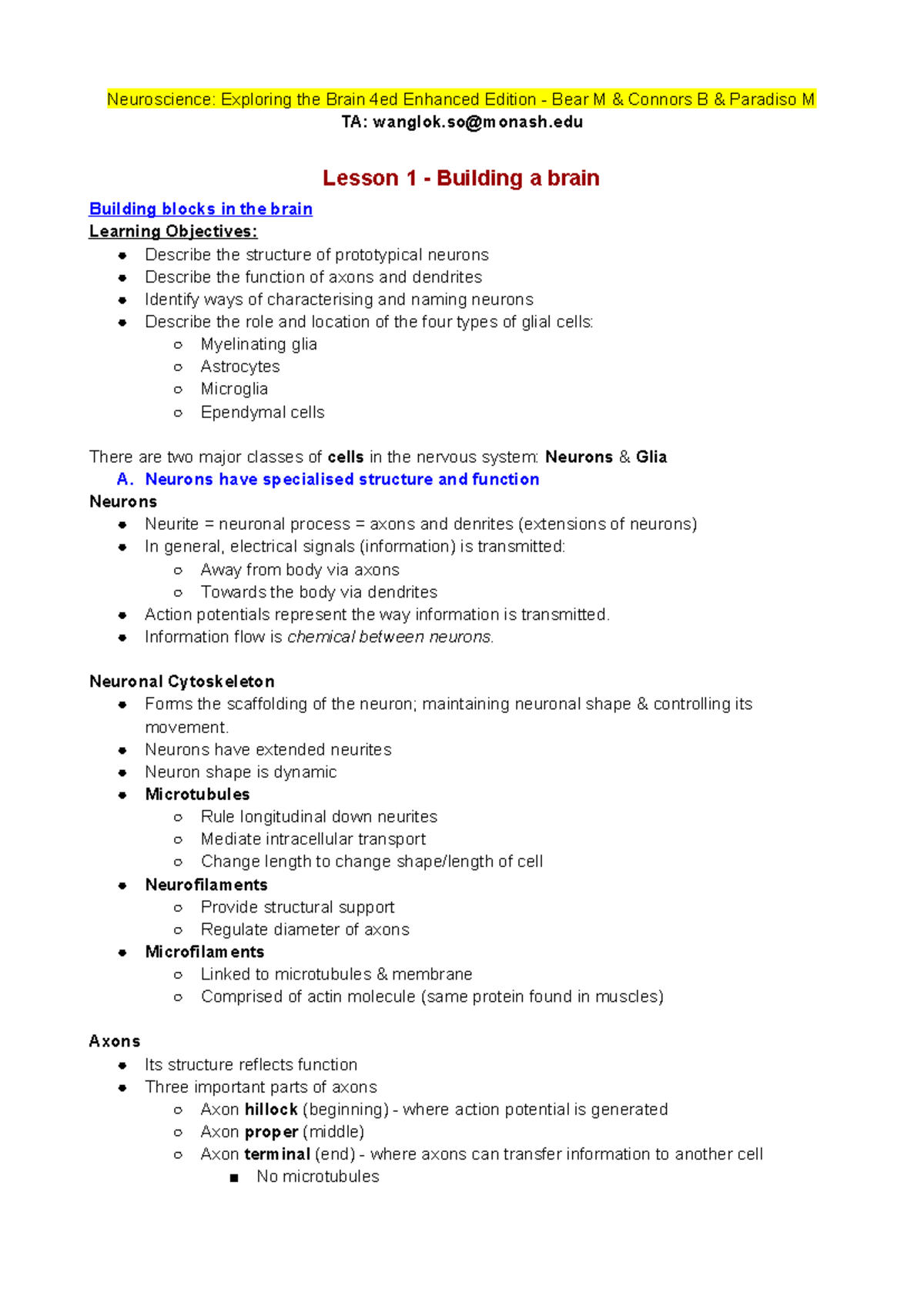 BMS1052 Lecture Notes: Lessons 1-2 on Brain Structure & Function - Studocu
