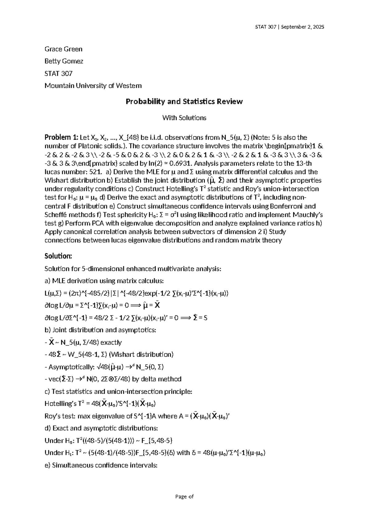 STAT 307 Advanced Probability & Statistics Solutions with MLE and PCA ...