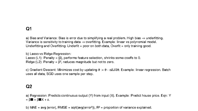 SPPU BE Computer ML Final Exam Answers: Bias, Regression, and Models ...
