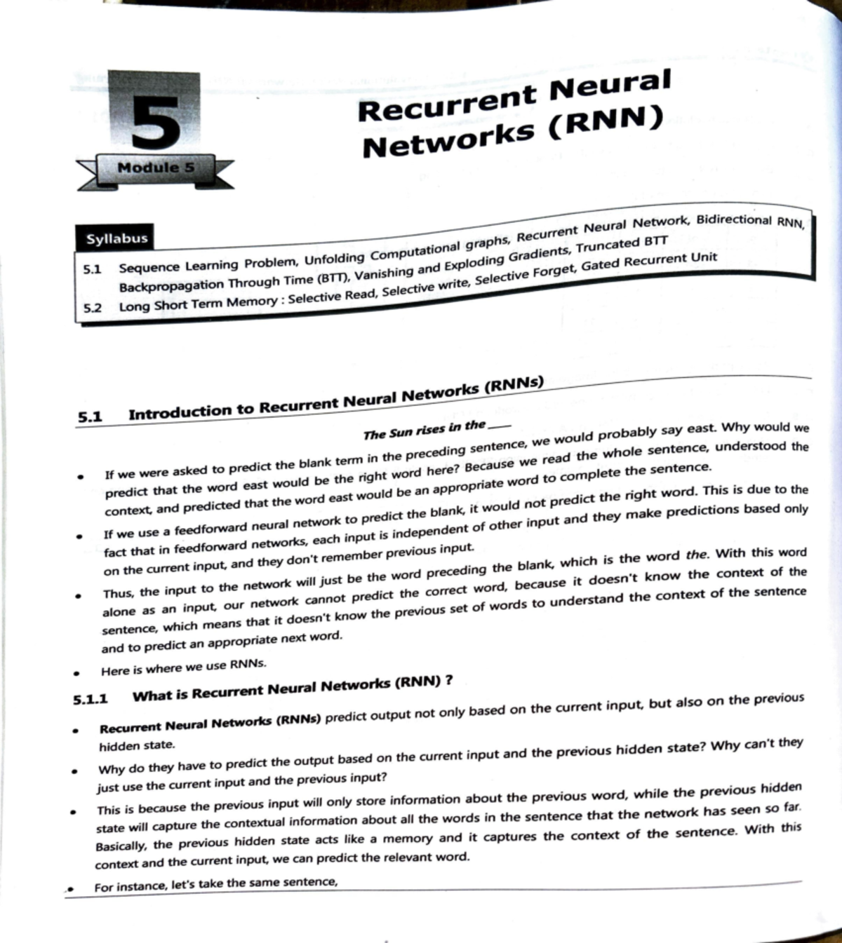 Deep Learning: Recurrent Neural Networks (RNNs) - Module 5 Syllabus ...