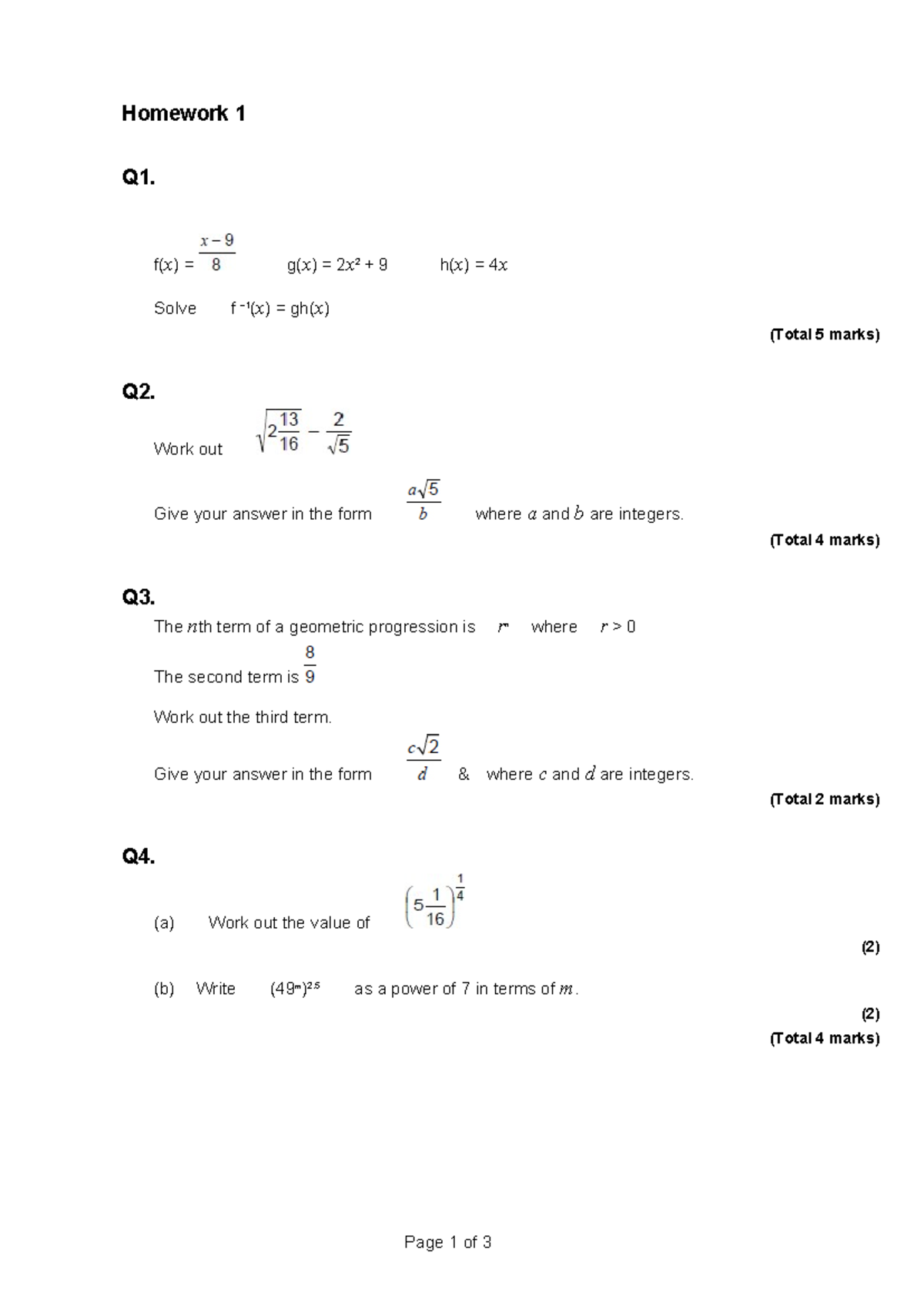 GCSE Math Homework 1: Functions, Geometric Progression & Graphs - Studocu