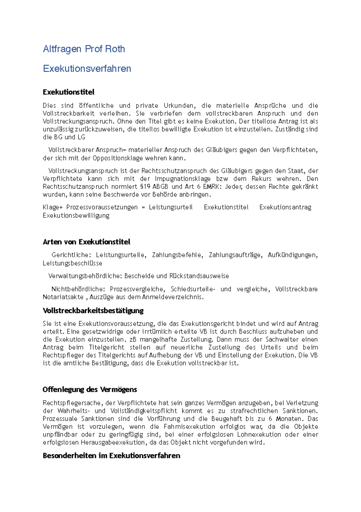 Altfragen zu Exekutions-, Insolvenz- und Auerstreitverfahren - Studocu