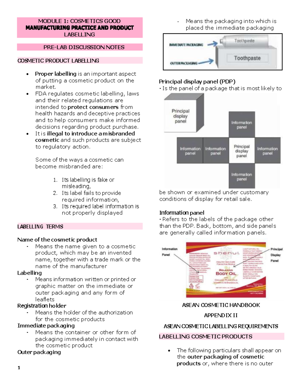 Module 1: Cosmetics GMP & Product Labelling Discussion Notes - Studocu