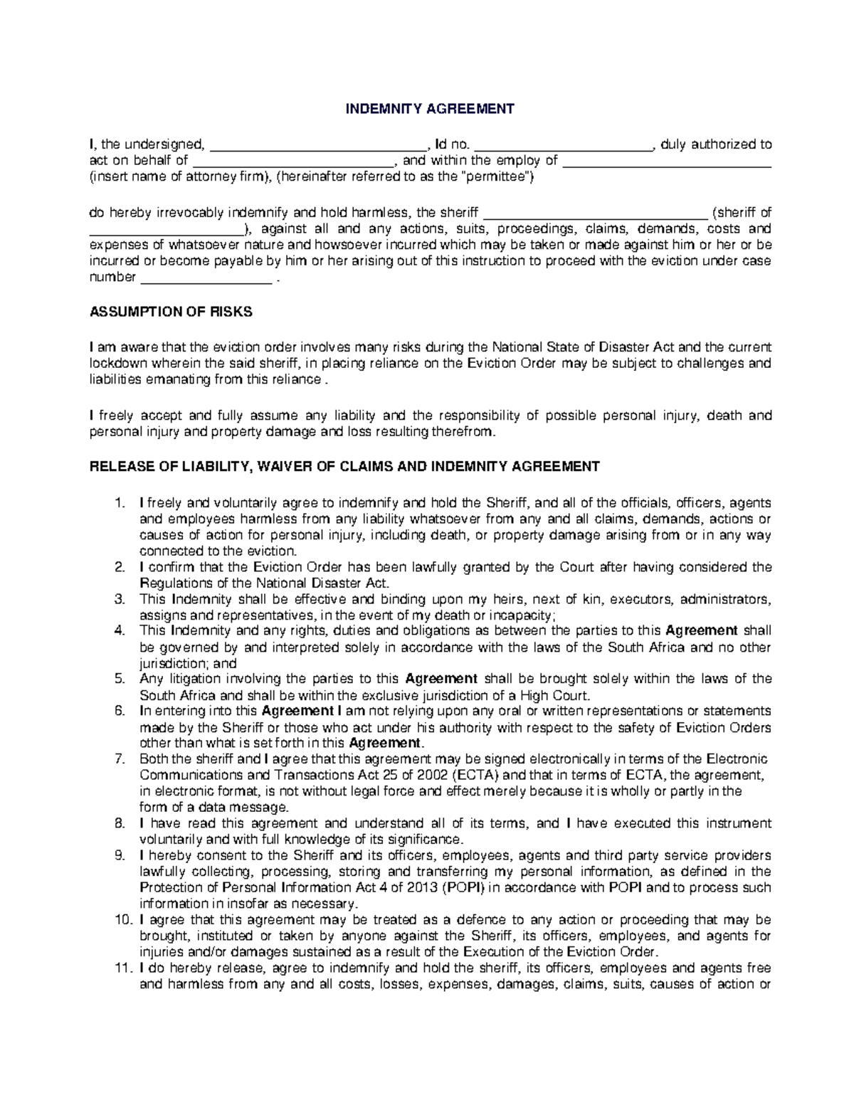Indemnity Agreement for Sheriffs in Eviction Cases: Legal Guidelines ...